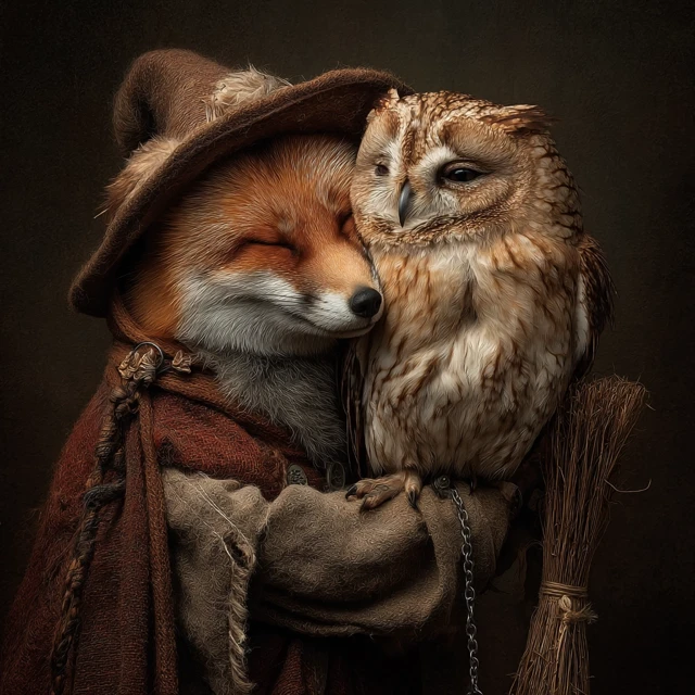 Fox and Owl Embracing Realistic Photo