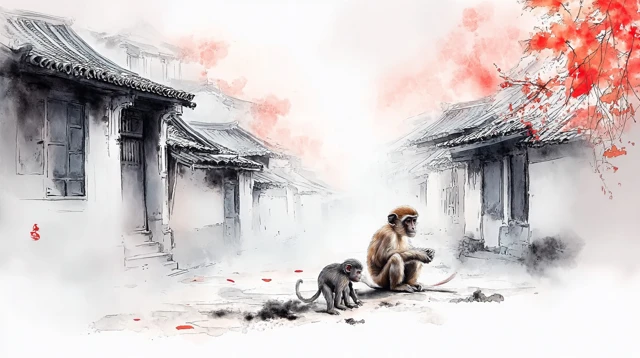 Chinese Ink Wash Painting Village Scene Monkey