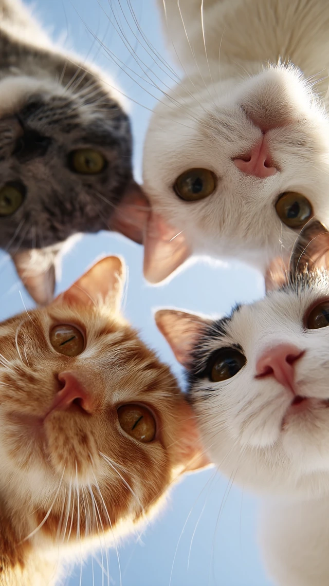 Cute Cats Looking Upwards From Below