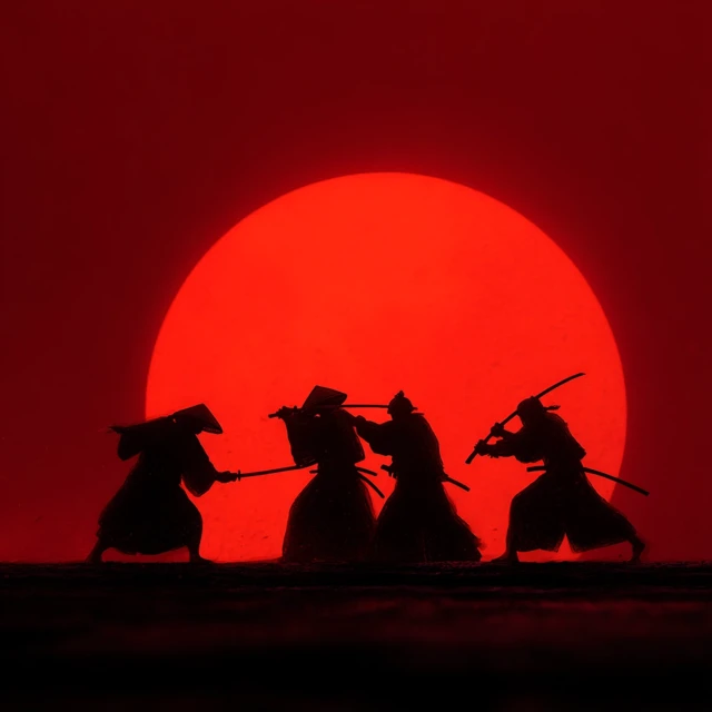 Samurai Battle Silhouette Red Moon Anime Style