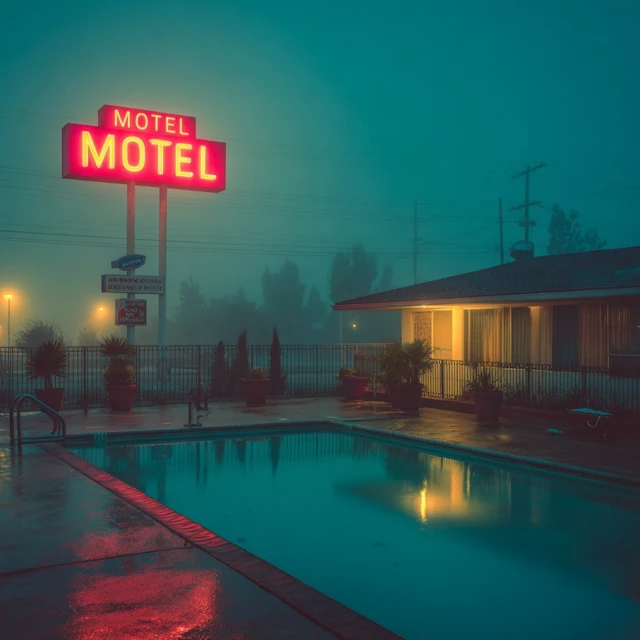Eerie Motel Scene Pool and Foggy Night Photography