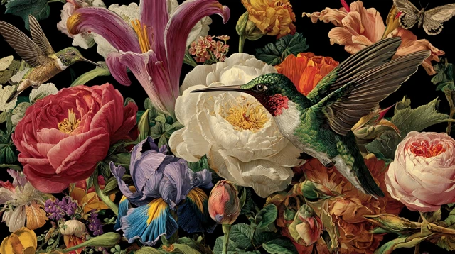 Wildflowers with Hummingbirds in Peter Riftly style