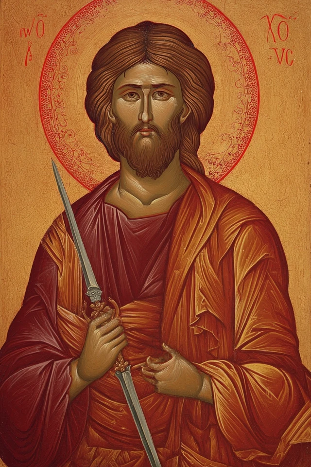 Byzantine Icon of Sacred Figure Holding Sword