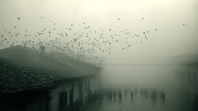 Birds in Fog Dreamlike Italian Village