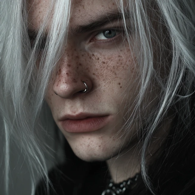 Gothic Man with White Hair and Piercings