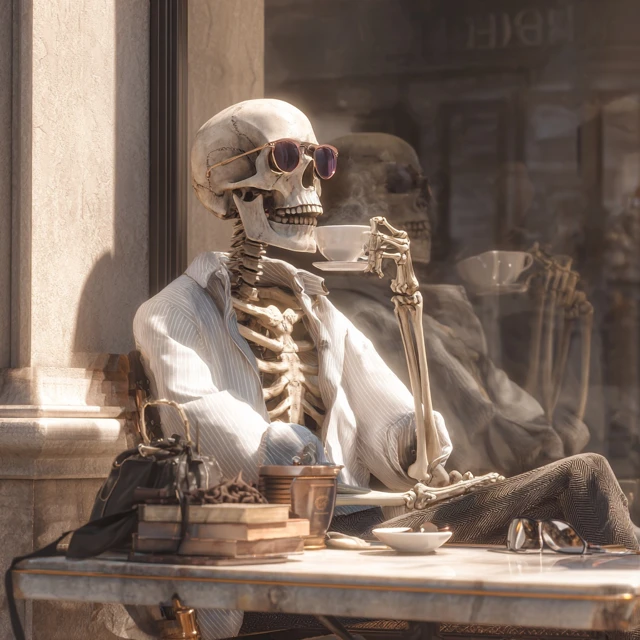 Handsome Skeleton in Madrid Cafe Drinking Coffee
