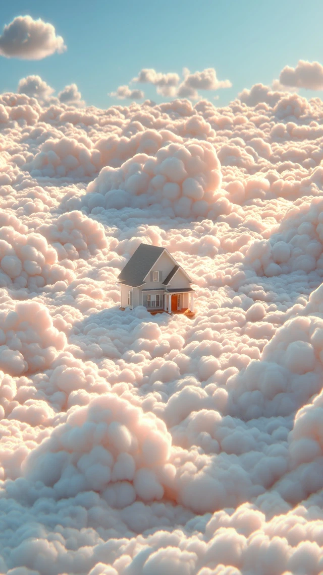 Floating House in the Clouds Dreamlike Serene Scene