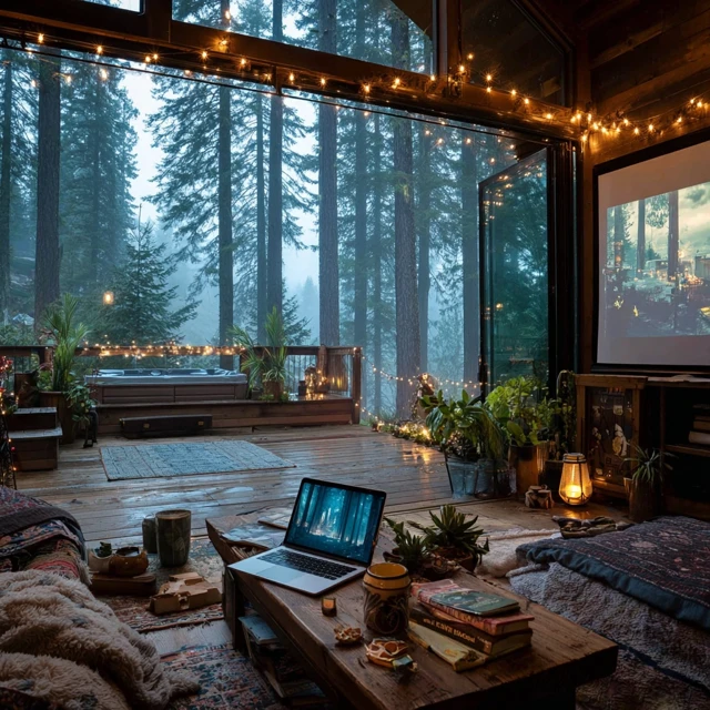 Cozy Cabin Dusk Oregon Forest Twilight Scene