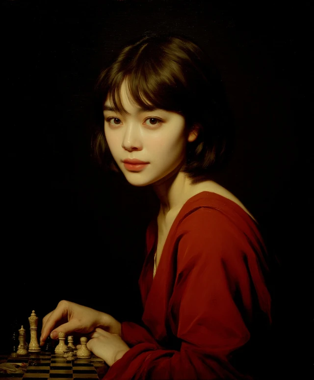 Asian Woman Playing Chess Caravaggisti Painting