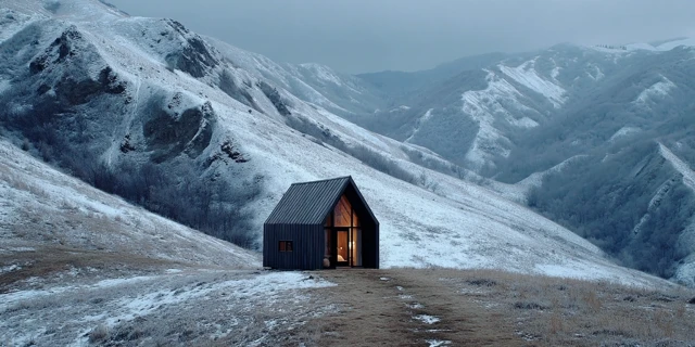 Minimalist Cabin in Snowy Landscape