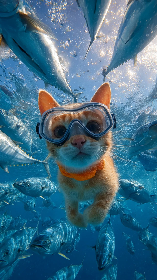 Adorable Kitten Snorkeling Underwater