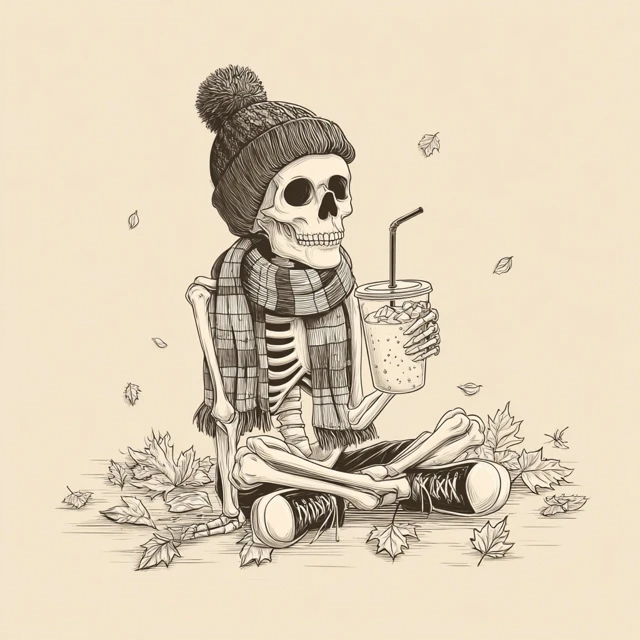 Cute Skeleton with Coffee Autumn Vibes Tee Design