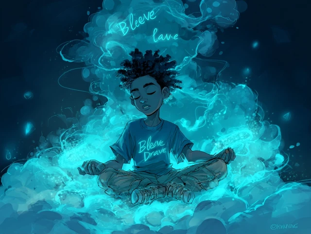Boy Meditating on a Cloud Believe Dream Brave Love