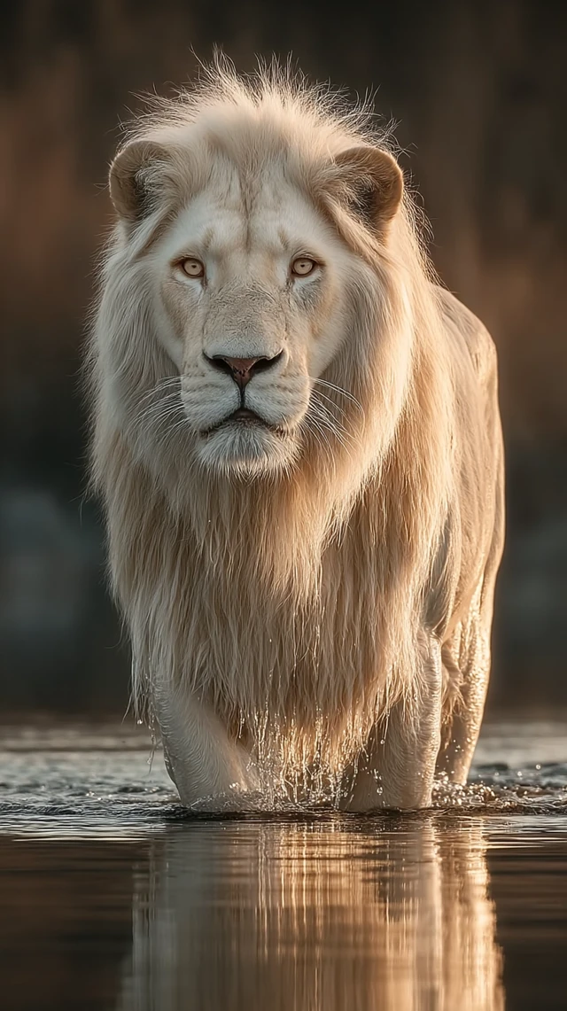 Majestic White Lion Walking on Water
