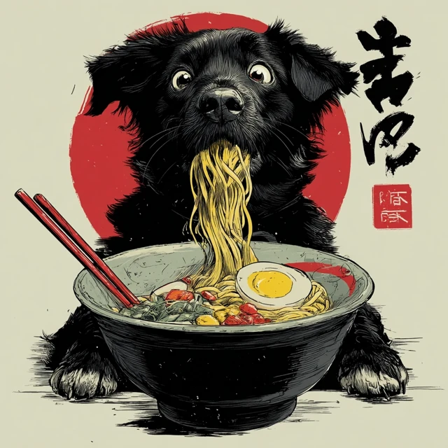 Dog Eating Ramen Illustration - Quirky Cartoon Art