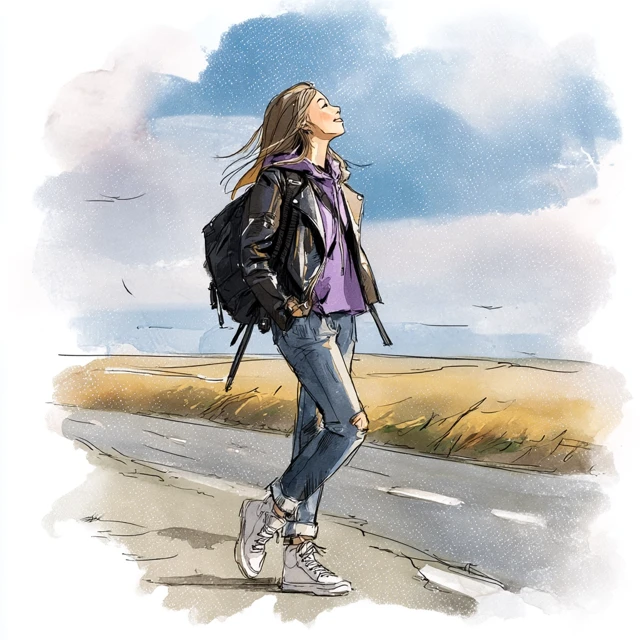 Joyful Girl on Road Realistic Illustration