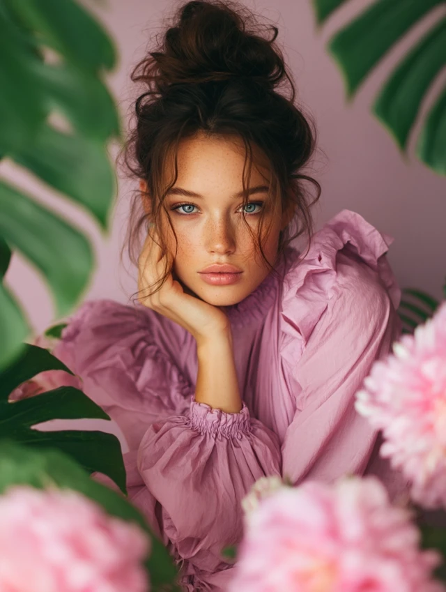 Stylish Young Woman Portrait with Flowers