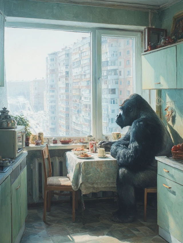 Gorilla in Soviet Kitchen: Hyperrealistic Scene