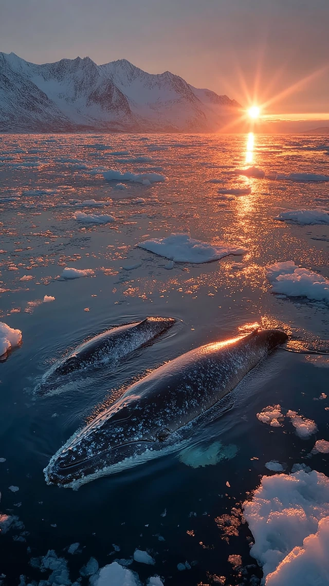 Orcas in Antarctic Waters at Sunrise