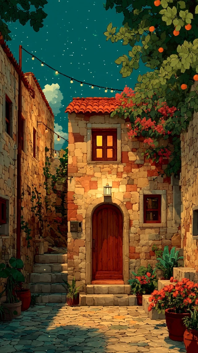 Cozy Mediterranean Courtyard Anime Night Scene