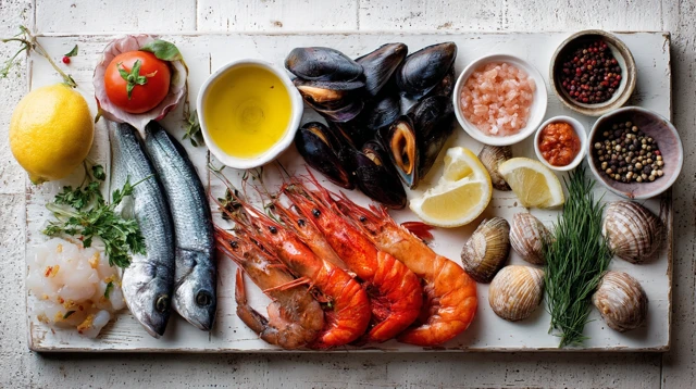 Fresh Paella Ingredients on White Surface