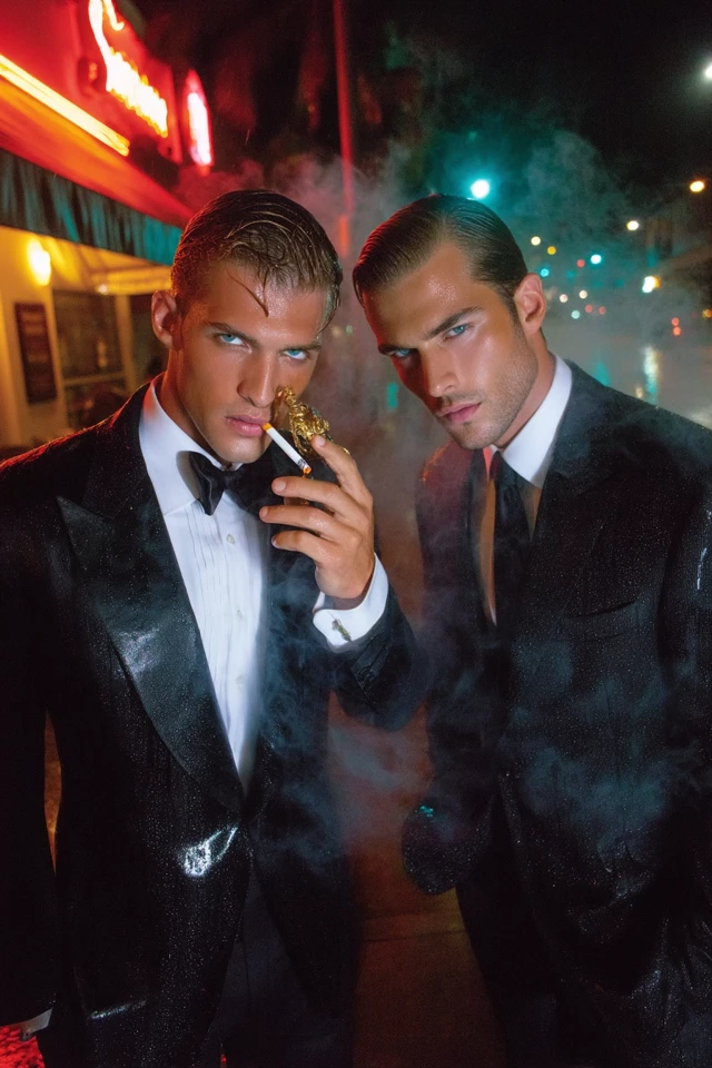 Stylish Men in Black Suits - Night Rain