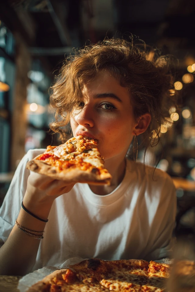 Woman Enjoying a Slice of Pizza