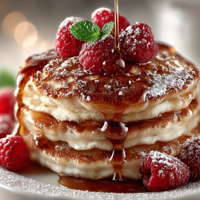 Delicious Pancakes with Syrup and Raspberries