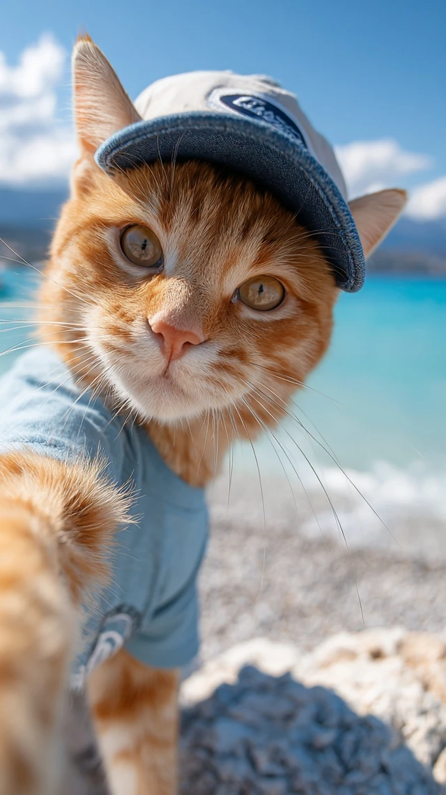 Orange Tabby Cat Taking Selfie at the Beach