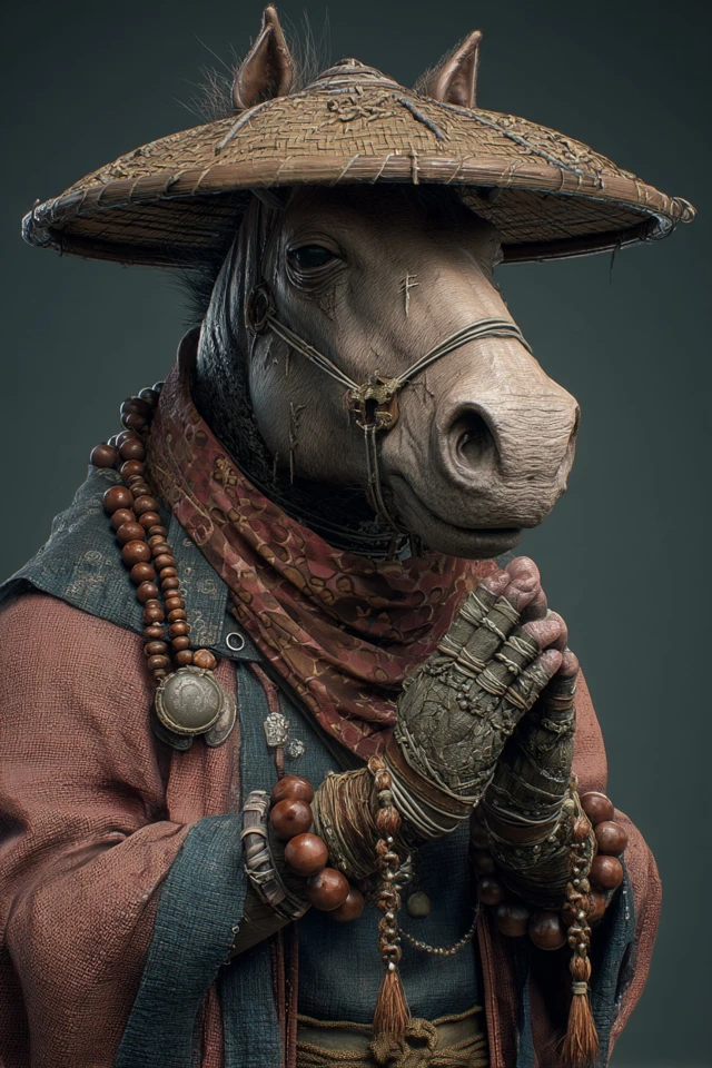 Anthropomorphic Monk Horse in Robe and Bamboo Hat