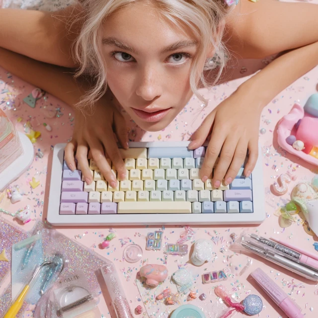 Y2K Editorial Model with Pastel Keyboard and Accessories