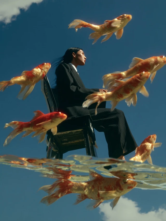 Woman in Suit Playing Computer Underwater with Koi Fish
