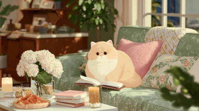 Chubby Cat Reading in Cozy Living Room