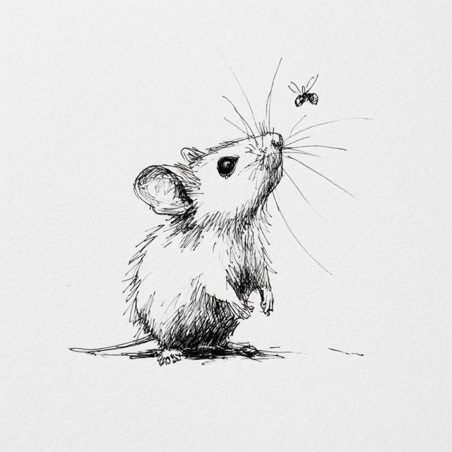 Mouse and Ladybug Minimalist Ink Sketch