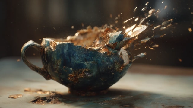 Broken Cup Art Artistic Teacup Fragments Gold Blue