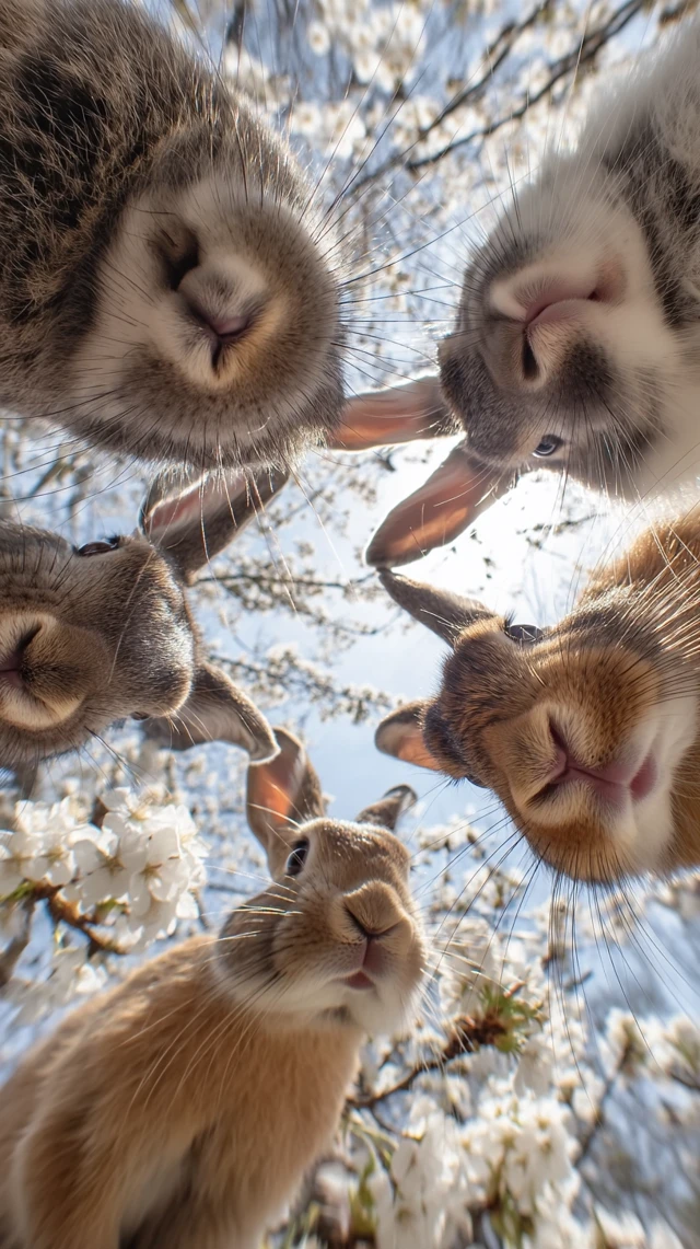 Adorable Rabbits Under Cherry Blossoms