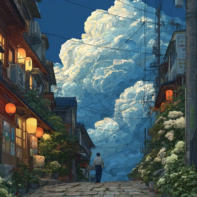 Japanese Street with Giant Clouds Anime Art