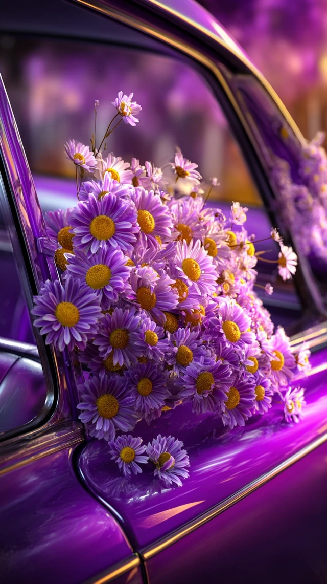 Purple Car with Flowers Summer Vibes