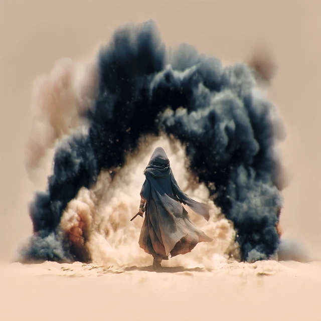 Arab Warrior in Desert Facing Darkness Epic Fantasy