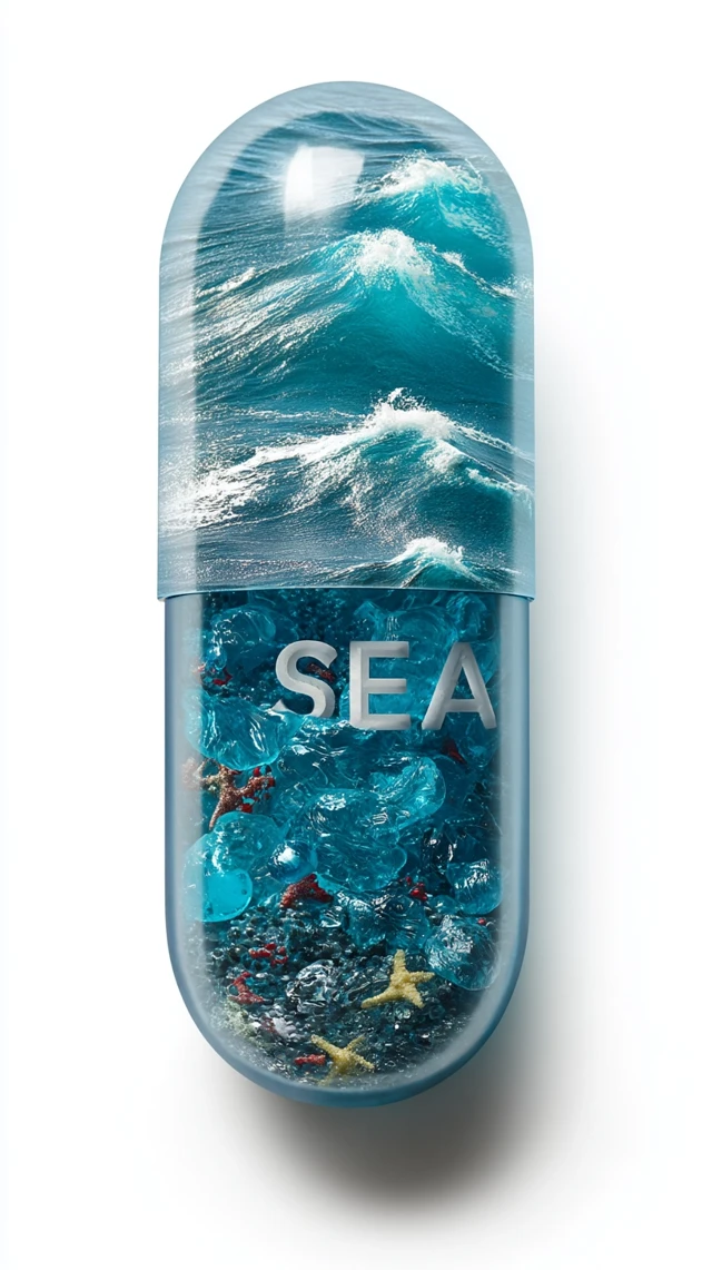 Vitamin C Capsule with Ocean Waves Sea Inside