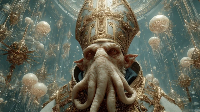 Cybernetic Pope in a Gothic Library of Molten Glass