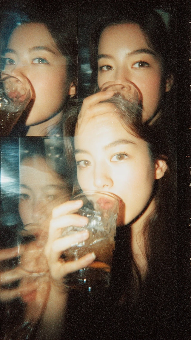 Multiple Exposure Portrait Japanese Woman Iced Coffee