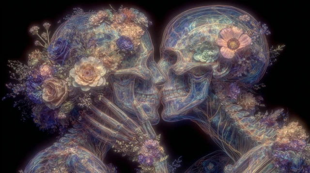 Floral Kiss of Skulls Surreal Romantic Art