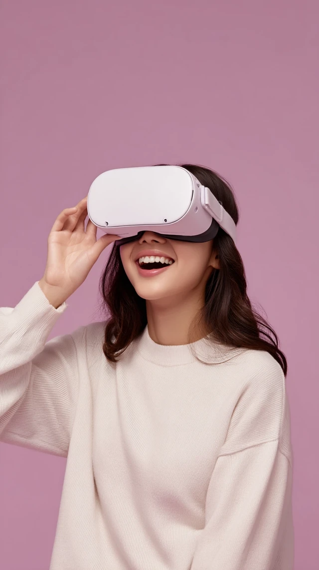 Asian Girl with VR Glasses Smiling