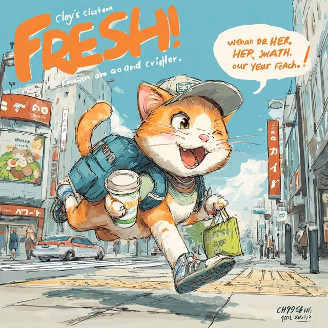 Cute Cat Running in Tokyo Anime Style