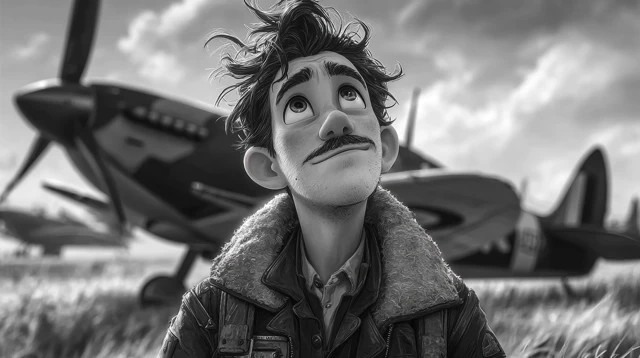 Vintage Pilot and Spitfire Airplane in Cartoon Style