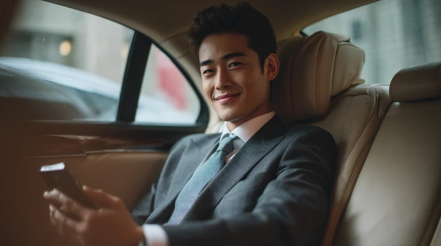 Young Asian Businessman in Luxury Car Smiling at Phone