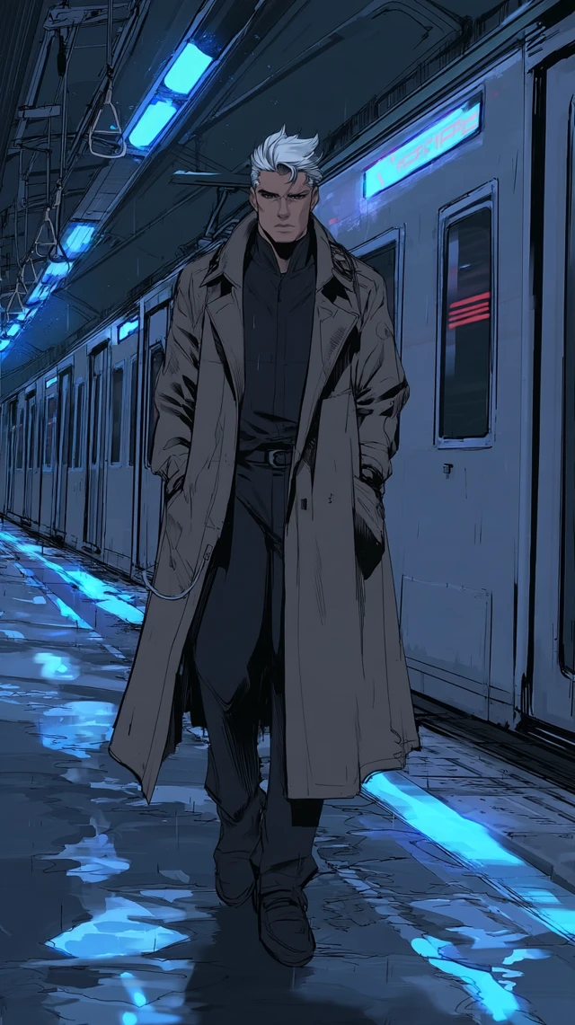 Anime Subway Scene Man in Raincoat