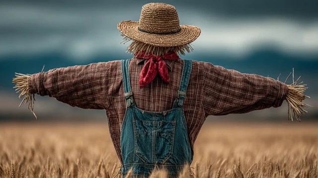Scarecrow in Wheat Field Harvest Season Stock Photo