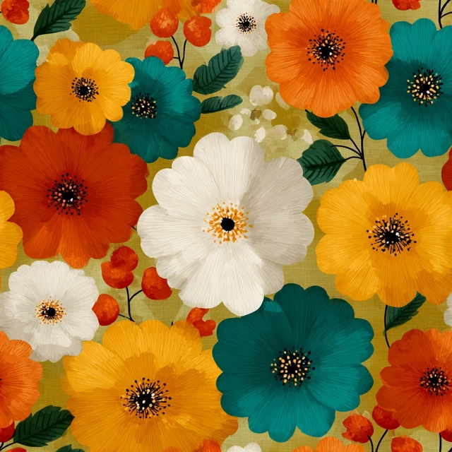 Retro Floral Pattern Warm Colors Flowers